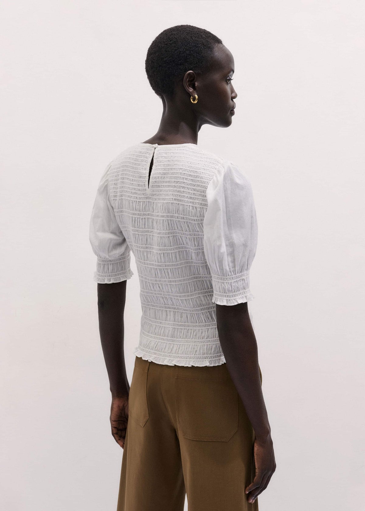 White Soft Cotton Contrast Stitch Smocked Day Top | ME+EM Clothing