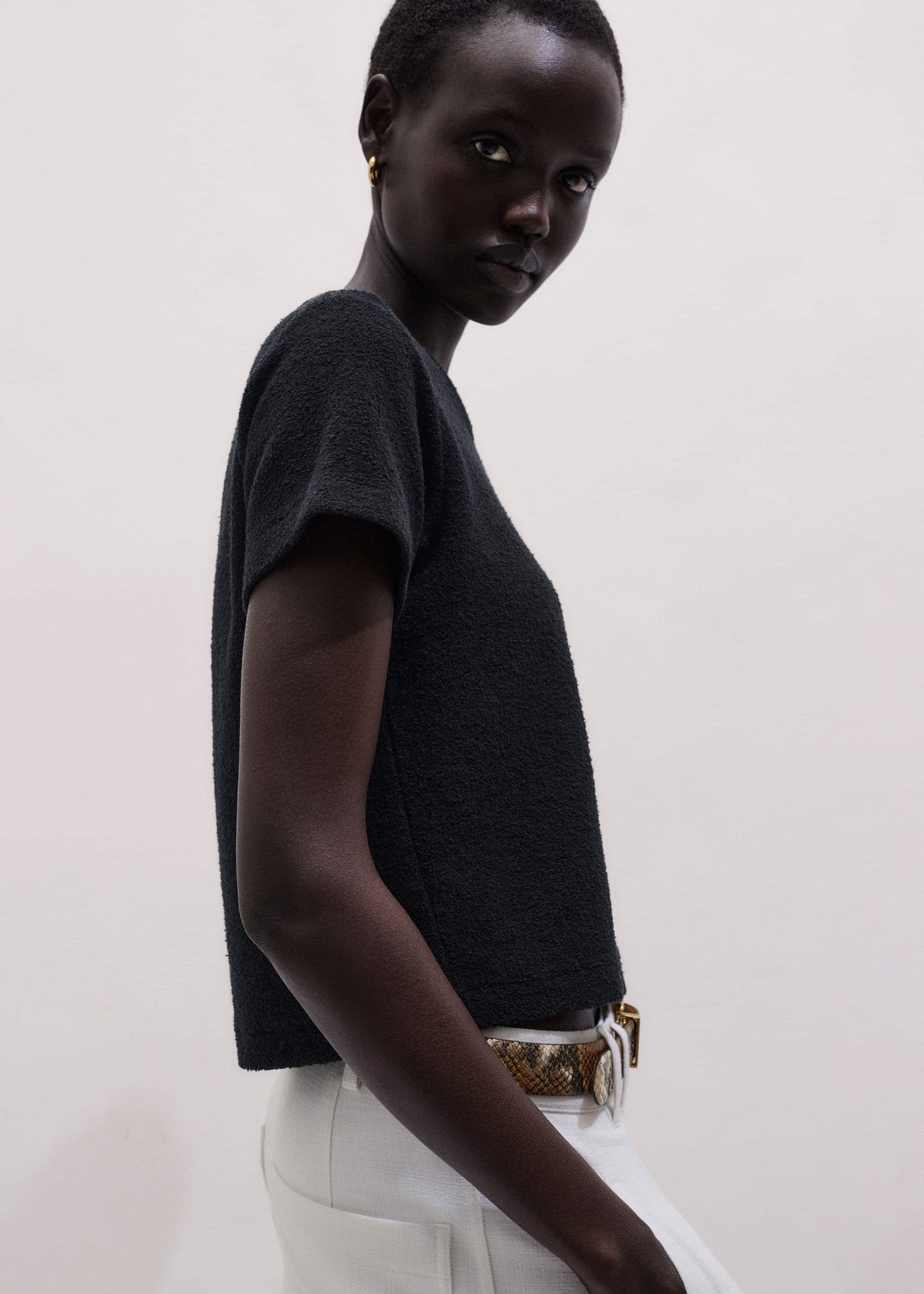 Black Textured Crew Neck Baby Tee | ME+EM Clothing