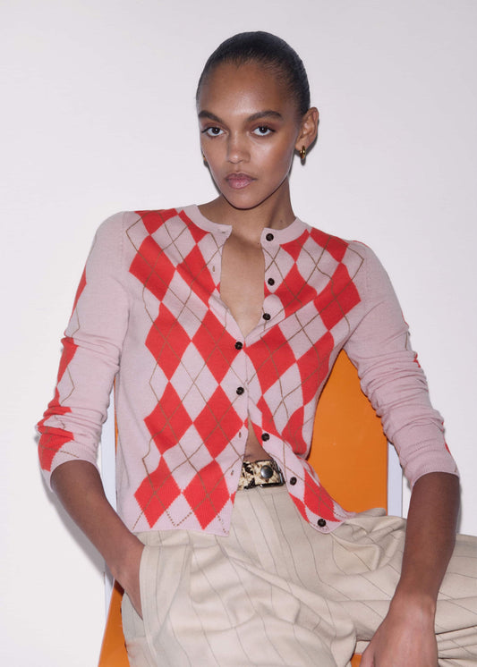 Pink Fine Argyle Slim Knit Cardigan | ME+EM Clothing
