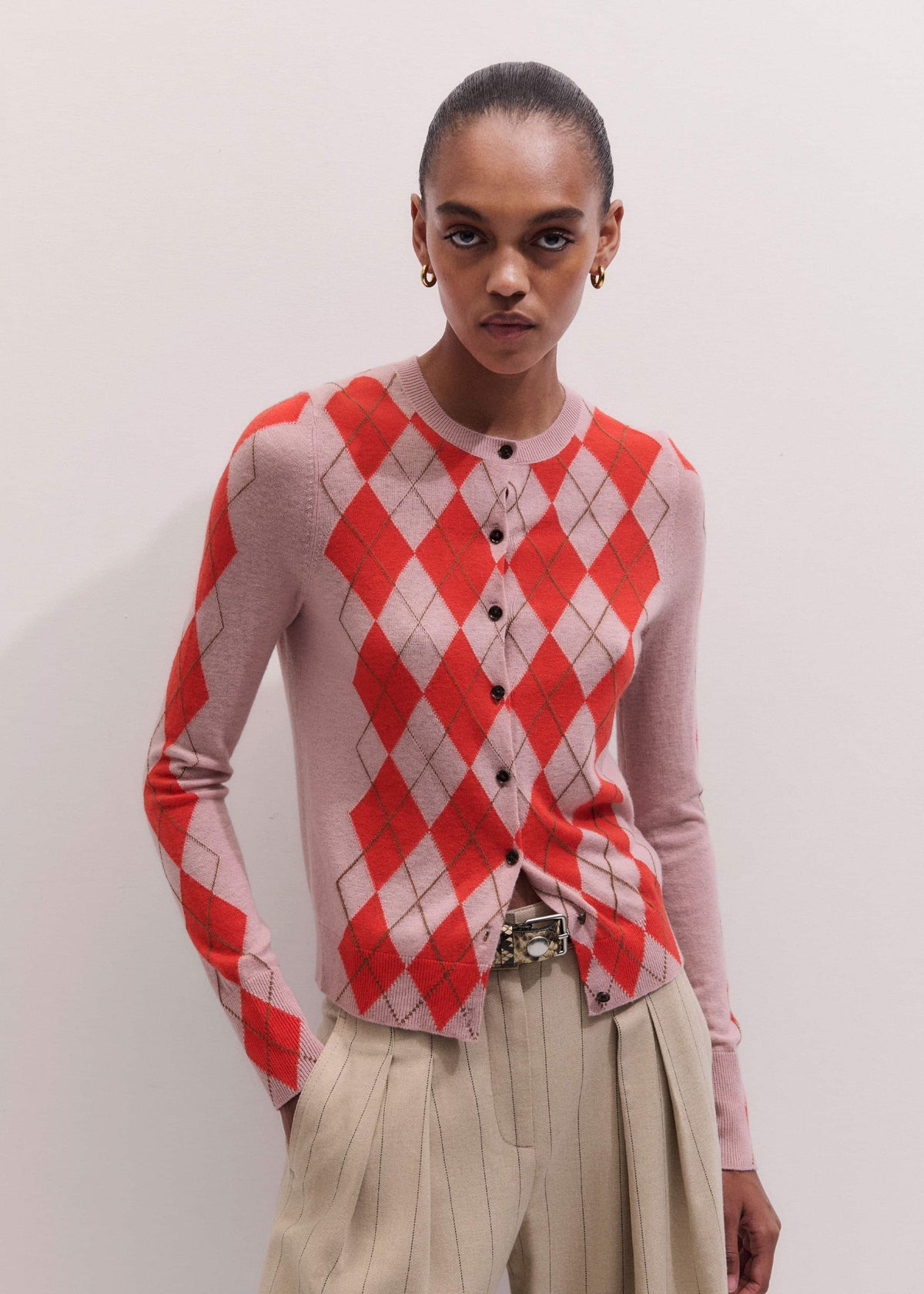 Pink Fine Argyle Slim Knit Cardigan | ME+EM Clothing