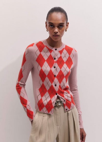Pink Fine Argyle Slim Knit Cardigan | ME+EM Clothing