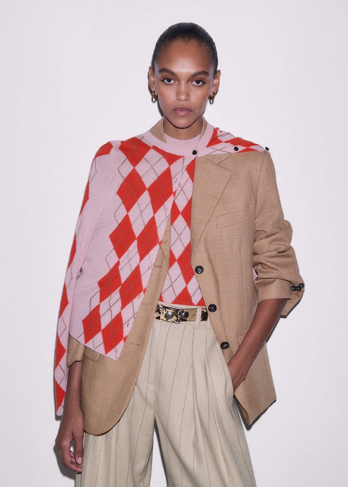 Pink Fine Argyle Slim Knit Cardigan | ME+EM Clothing