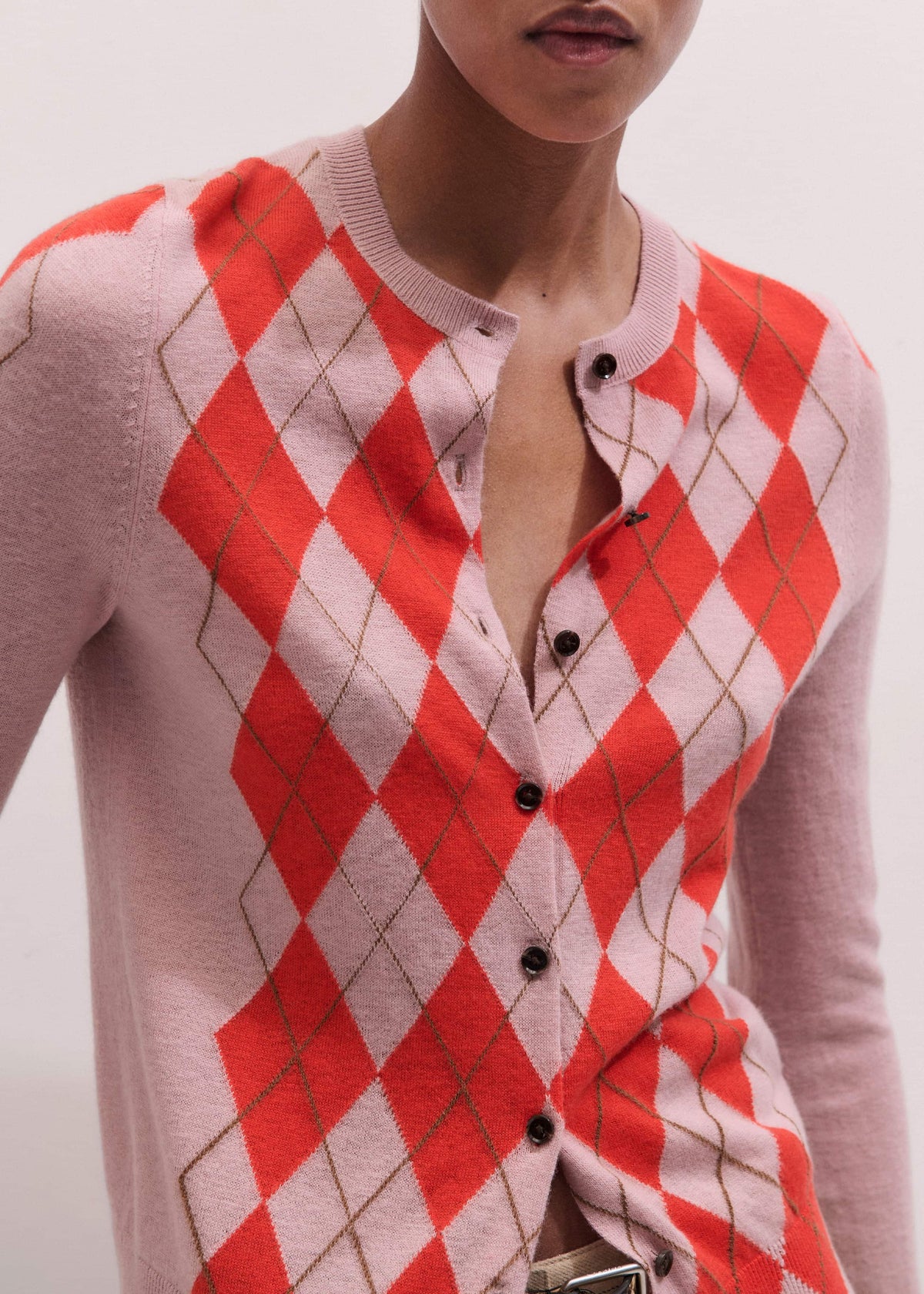 Pink Fine Argyle Slim Knit Cardigan | ME+EM Clothing