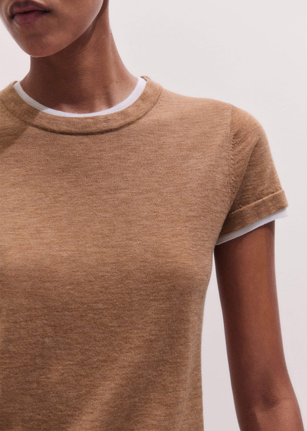 Light Brown Barely There Contrast Trim Knit Baby Tee | ME+EM Clothing