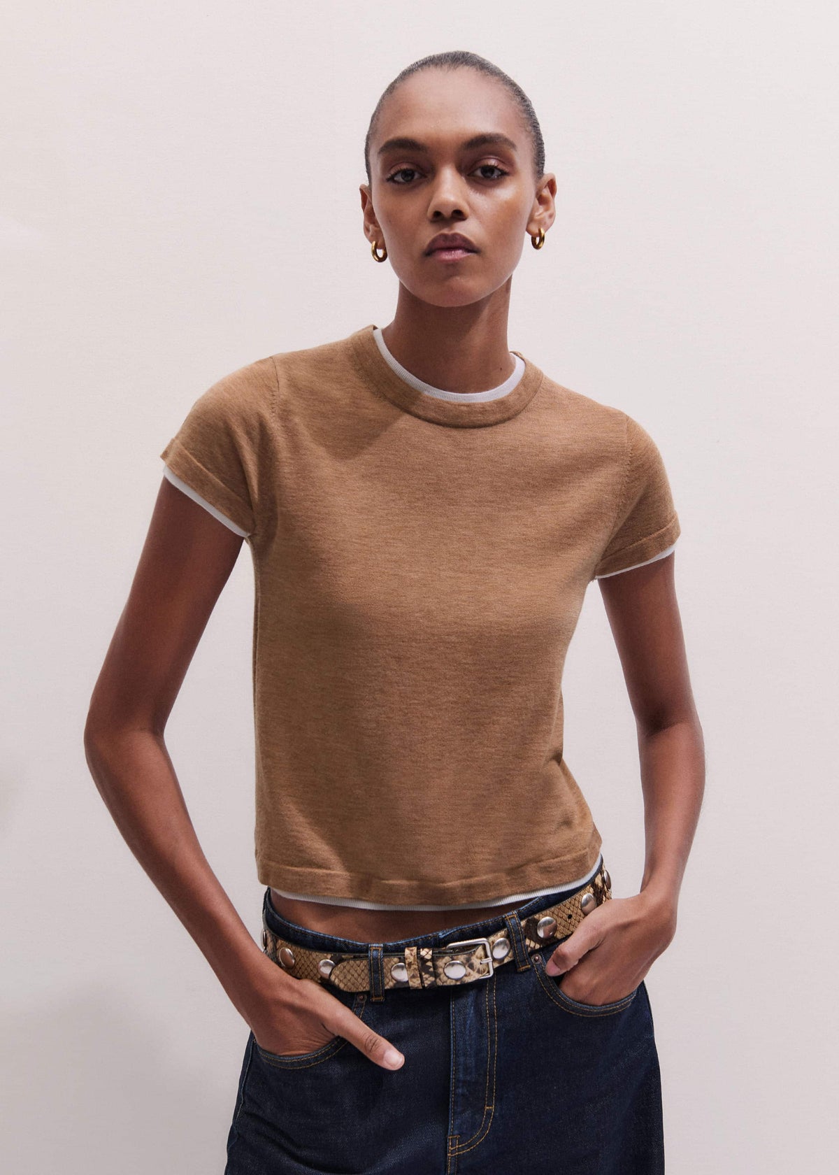 Light Brown Barely There Contrast Trim Knit Baby Tee | ME+EM Clothing