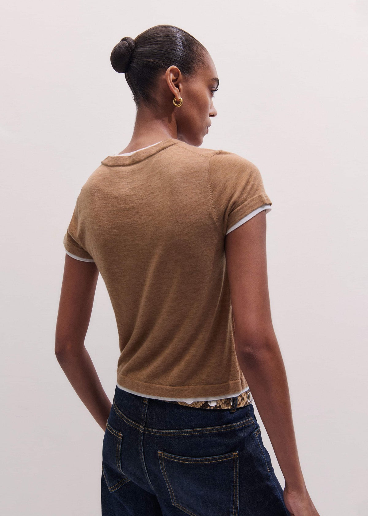 Light Brown Barely There Contrast Trim Knit Baby Tee | ME+EM Clothing