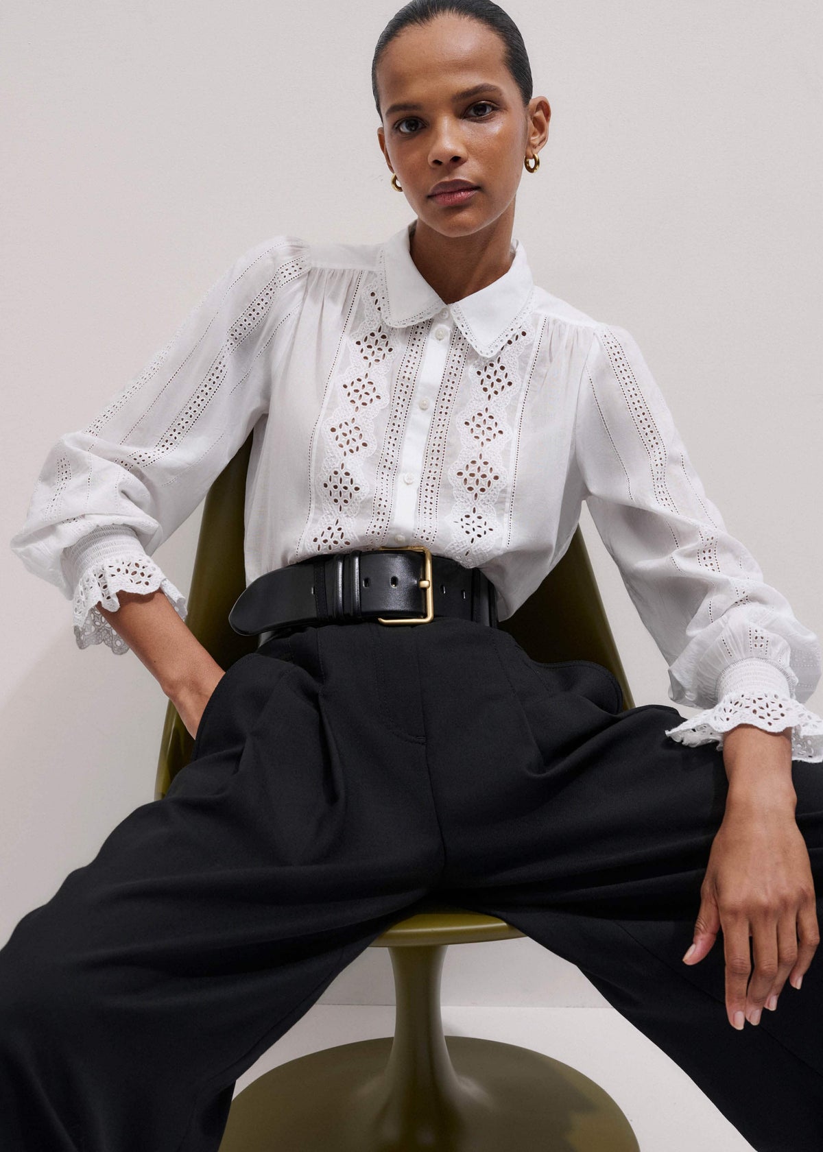 White Cotton Broderie Detail Straight Shirt | ME+EM Clothing