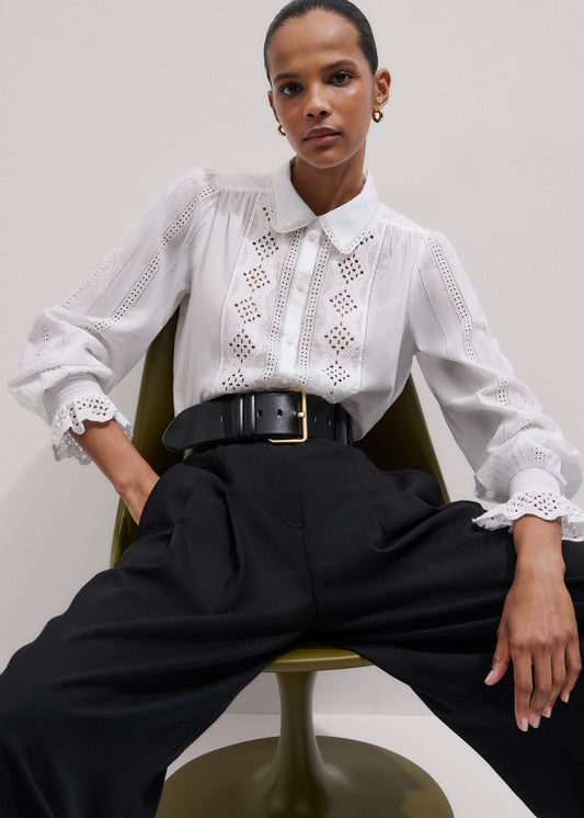 White Cotton Broderie Detail Straight Shirt | ME+EM Clothing