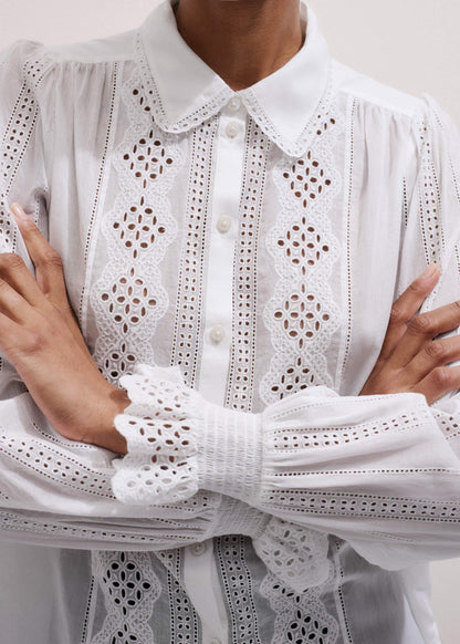 White Cotton Broderie Detail Straight Shirt | ME+EM Clothing