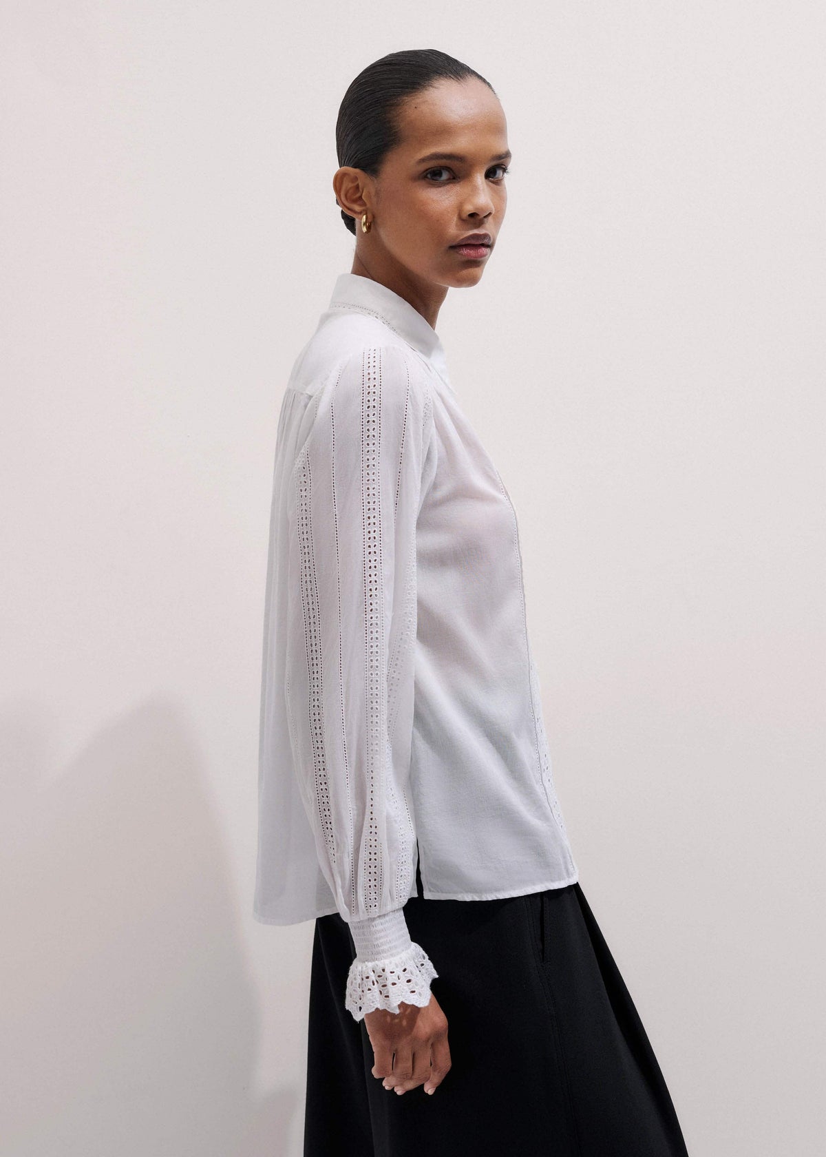 White Cotton Broderie Detail Straight Shirt | ME+EM Clothing