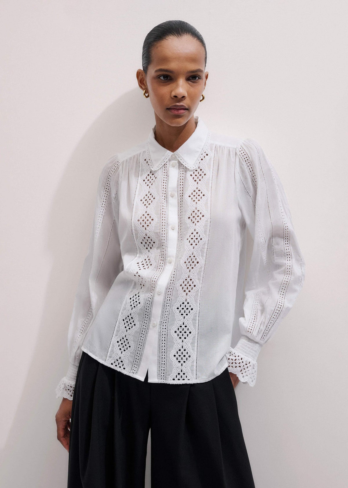 White Cotton Broderie Detail Straight Shirt | ME+EM Clothing