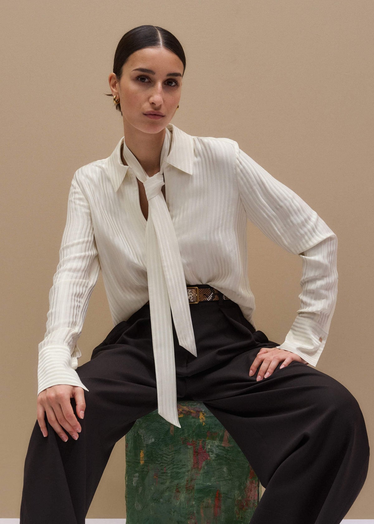 Cream AM-PM Stripe Fluid Satin Shirt + Tie | ME+EM Clothing