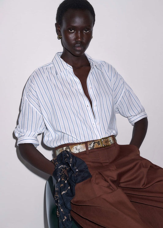 Blue Boxy Striped Crop Sleeve Shirt | ME+EM Clothing
