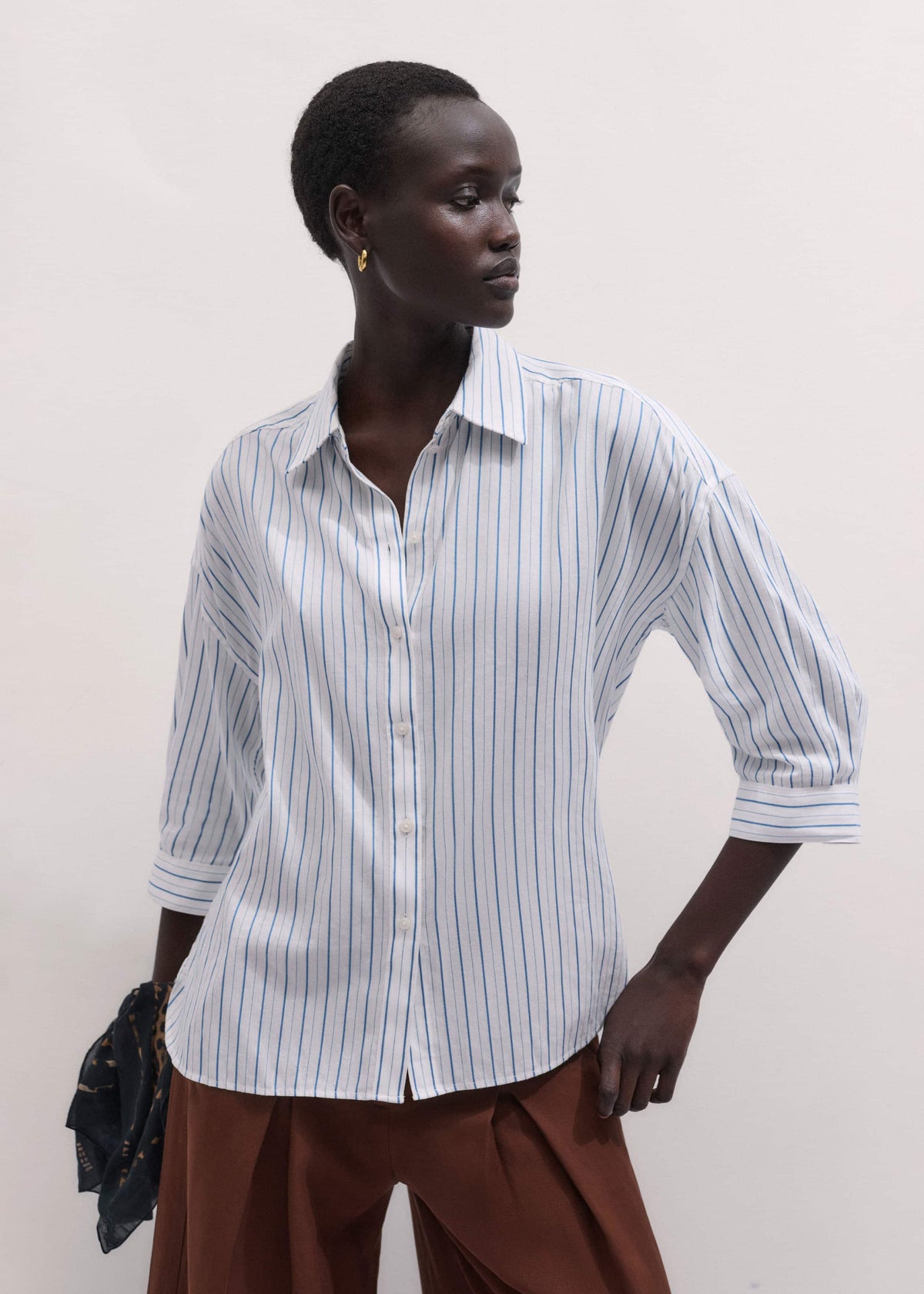 Blue Boxy Striped Crop Sleeve Shirt | ME+EM Clothing