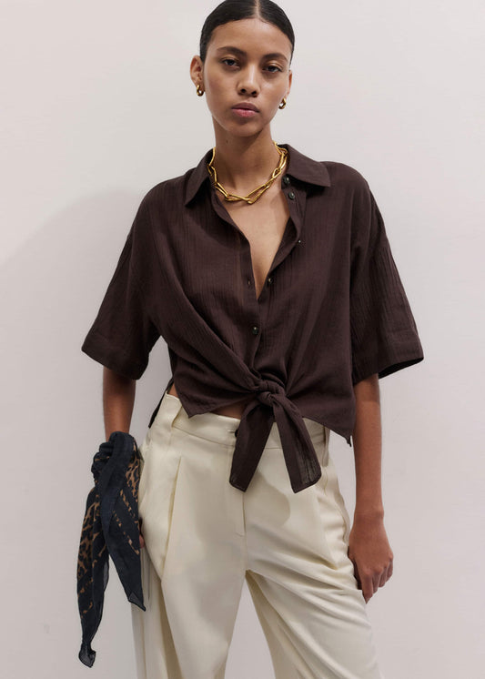 Brown Tie Front Beach Shirt | ME+EM Clothing