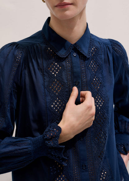 Navy Cotton Voile Broderie Detail Shirt | ME+EM Clothing