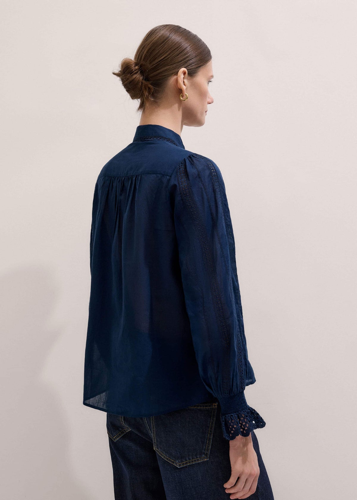 Navy Cotton Voile Broderie Detail Shirt | ME+EM Clothing