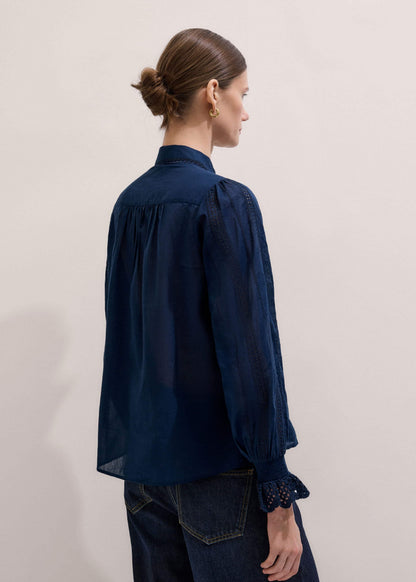 Navy Cotton Voile Broderie Detail Shirt | ME+EM Clothing