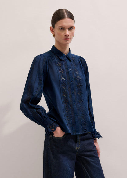 Navy Cotton Voile Broderie Detail Shirt | ME+EM Clothing