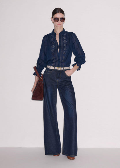 Navy Cotton Voile Broderie Detail Shirt | ME+EM Clothing