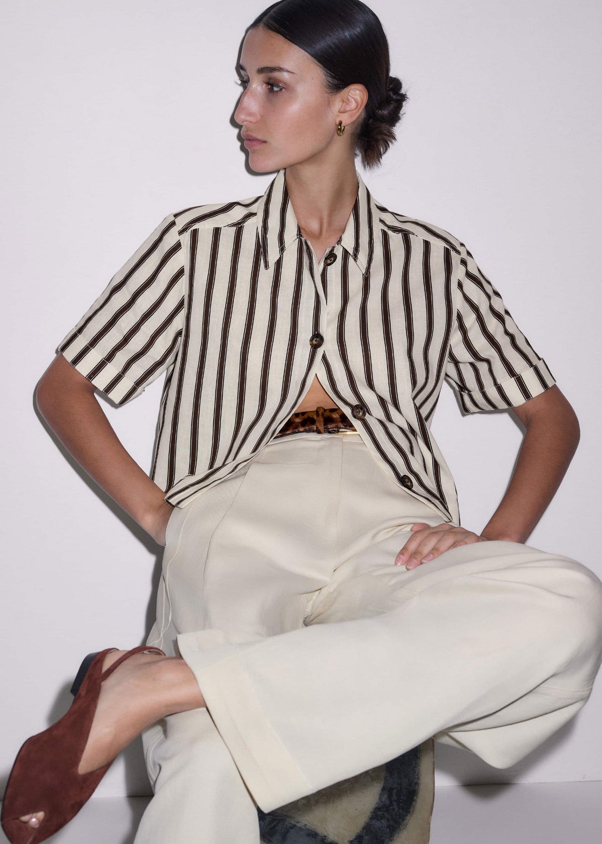 Cream Crease-Less Linen Spring Stripe Boxy Cropped Shirt | ME+EM Clothing