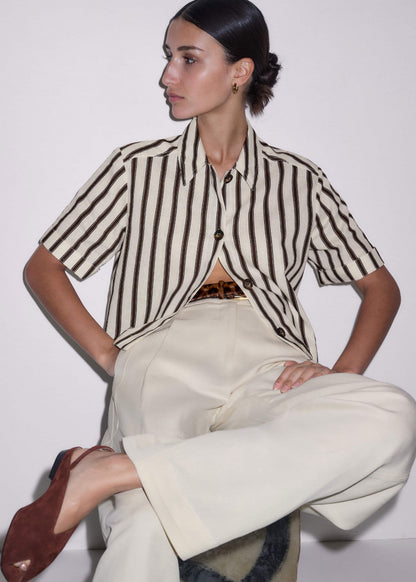 Cream Crease-Less Linen Spring Stripe Boxy Cropped Shirt | ME+EM Clothing
