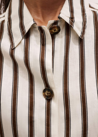 Cream Crease-Less Linen Spring Stripe Boxy Cropped Shirt | ME+EM Clothing