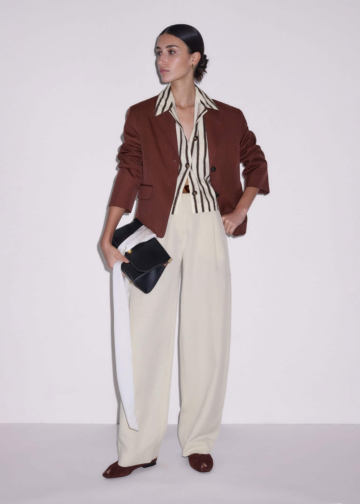 Cream Crease-Less Linen Spring Stripe Boxy Cropped Shirt | ME+EM Clothing
