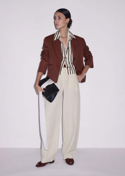 Cream Crease-Less Linen Spring Stripe Boxy Cropped Shirt | ME+EM Clothing