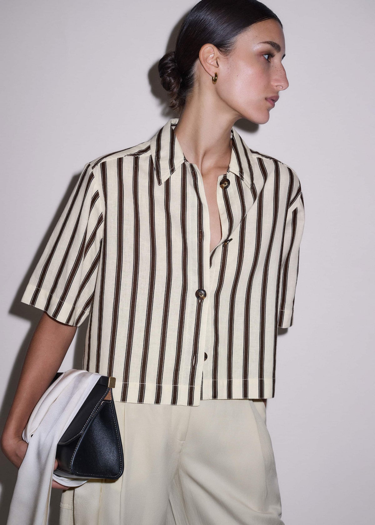 Cream Crease-Less Linen Spring Stripe Boxy Cropped Shirt | ME+EM Clothing