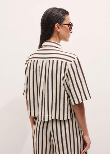 Cream Crease-Less Linen Spring Stripe Boxy Cropped Shirt | ME+EM Clothing