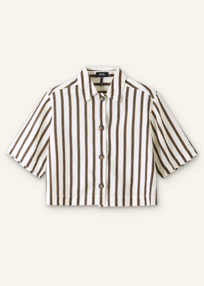 Cream Crease-Less Linen Spring Stripe Boxy Cropped Shirt | ME+EM Clothing