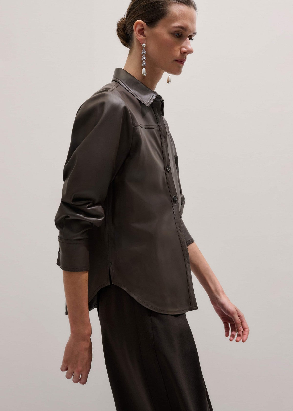 Brown Luxe Leather Straight Shirt | ME+EM Clothing