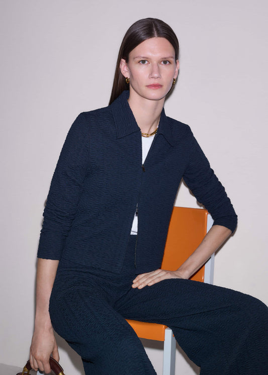 Navy Curling Crosses Jacquard Textured Zip Top | ME+EM Clothing