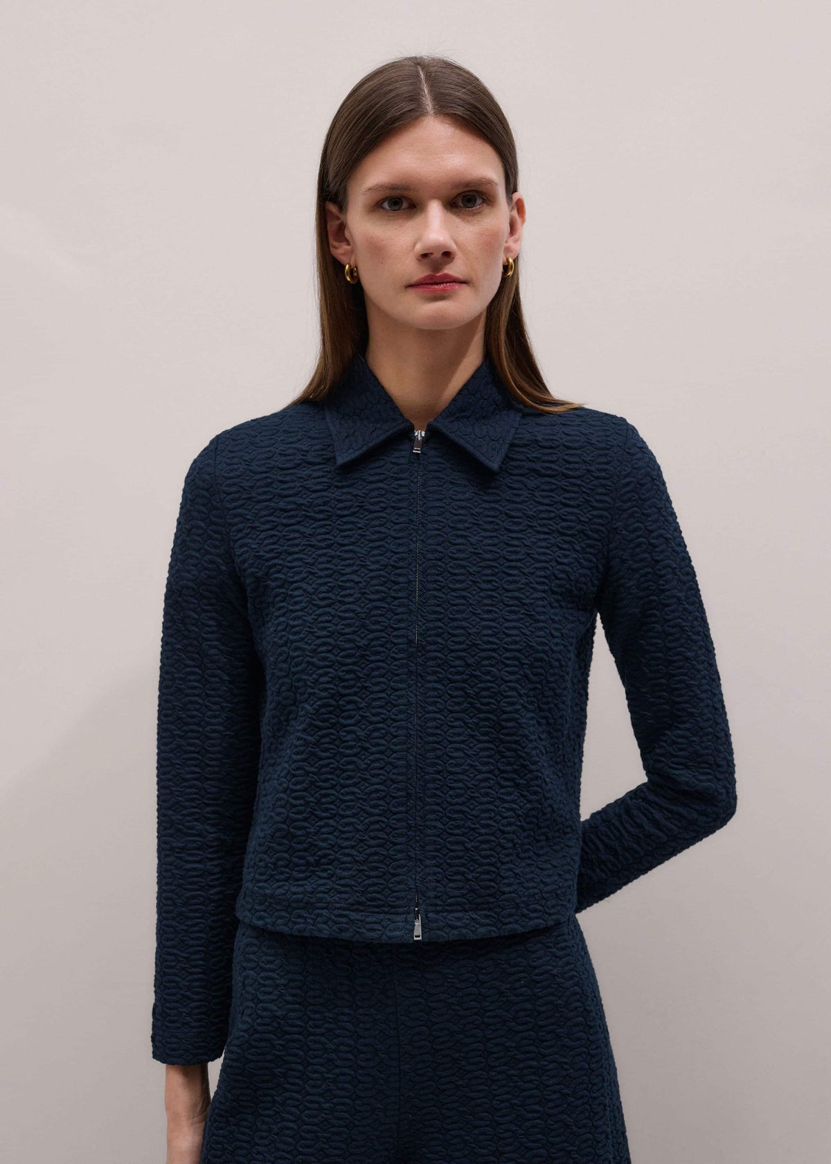 Navy Curling Crosses Jacquard Textured Zip Top | ME+EM Clothing