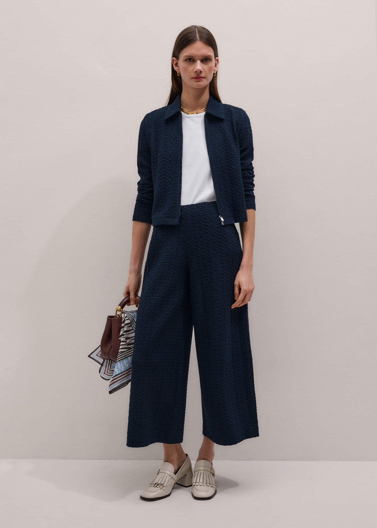 Navy Curling Crosses Jacquard Textured Zip Top | ME+EM Clothing