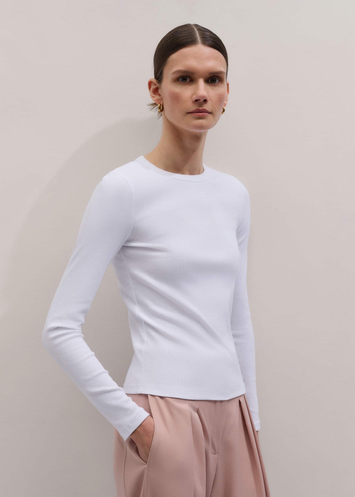 White Cotton Rib Long Sleeve Top | ME+EM Clothing