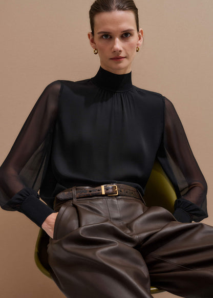 Black Silk Chic Rib Straight Blouse | ME+EM Clothing