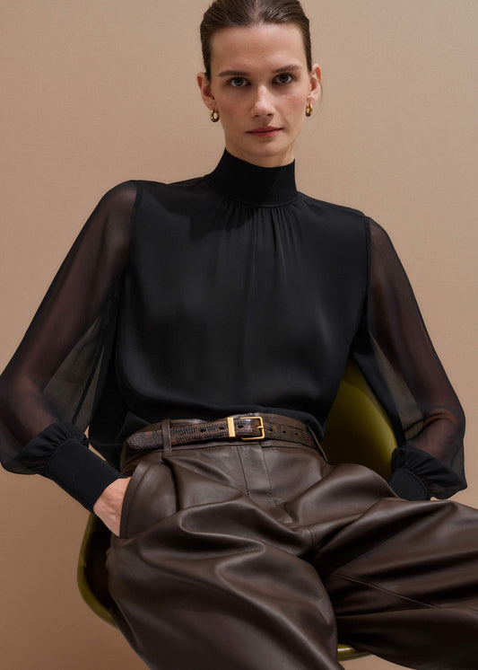 Black Silk Chic Rib Straight Blouse | ME+EM Clothing