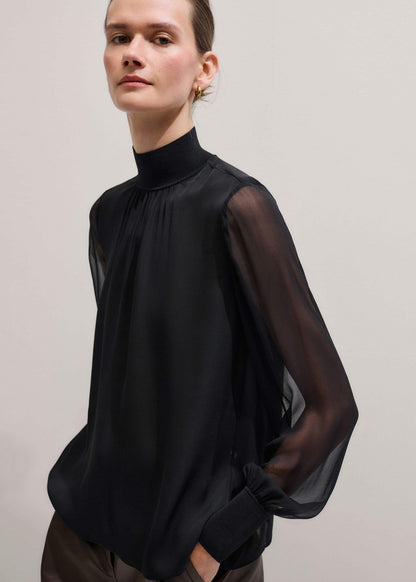 Black Silk Chic Rib Straight Blouse | ME+EM Clothing