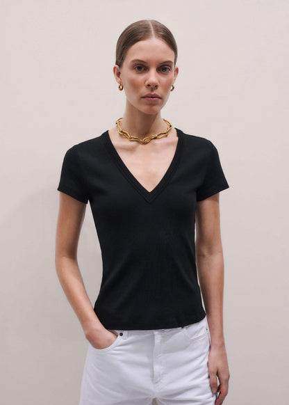 Black Ultimate Fitted Rib V-Neck Tee | ME+EM Clothing
