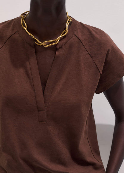 Cinnamon Open Placket V-Neck Swing Top | ME+EM Clothing