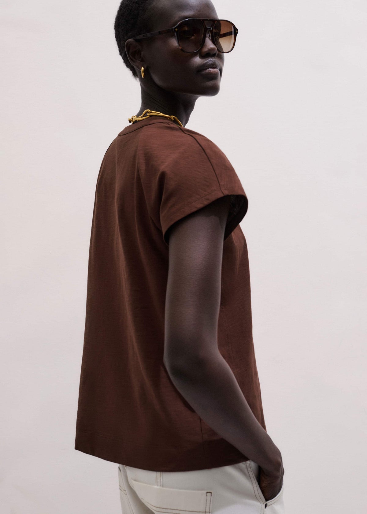 Cinnamon Open Placket V-Neck Swing Top | ME+EM Clothing