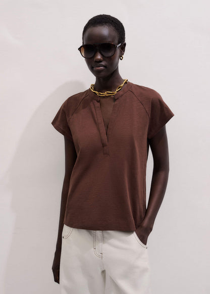 Cinnamon Open Placket V-Neck Swing Top | ME+EM Clothing