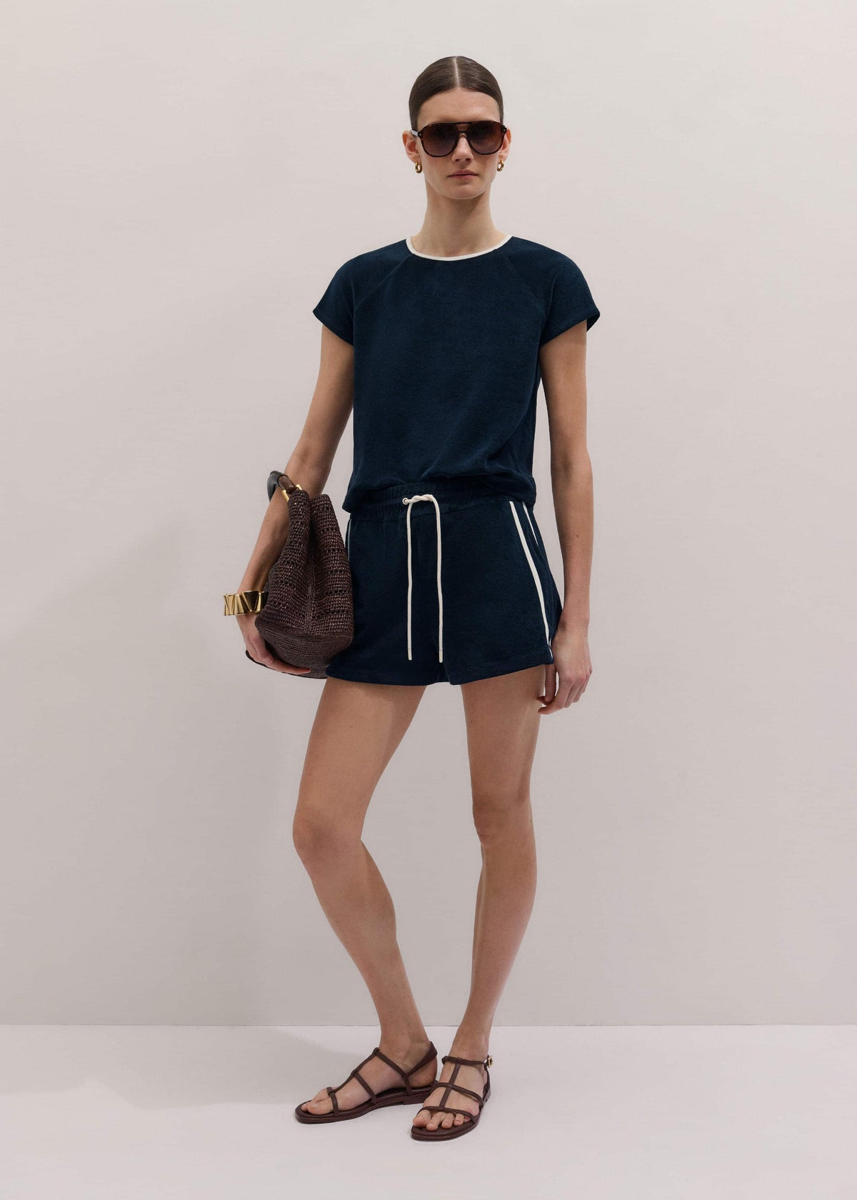 Navy Toweling Rib Trim Baby Tee | ME+EM Clothing