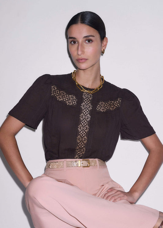 Brown Embroidered Cutout Tee | ME+EM Clothing