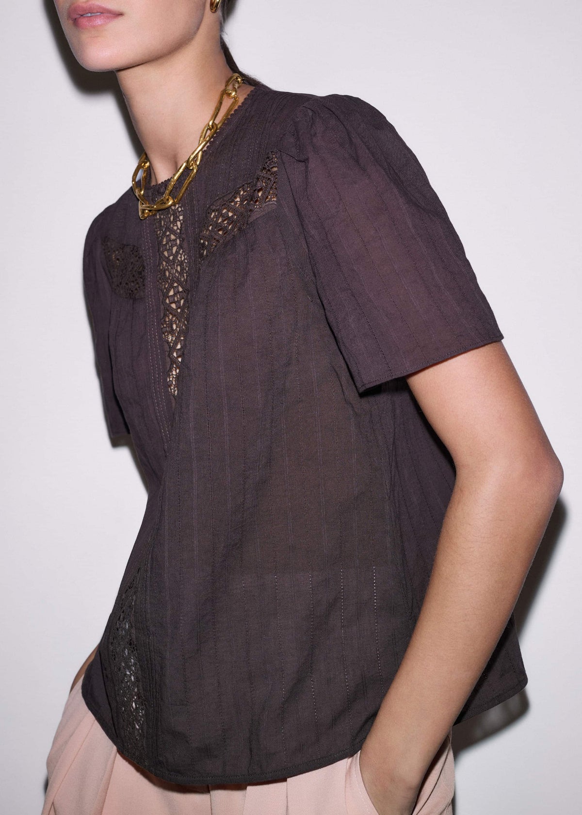 Brown Embroidered Cutout Tee | ME+EM Clothing
