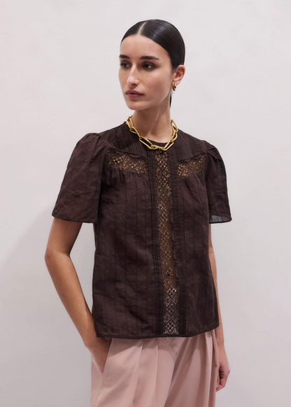 Brown Embroidered Cutout Tee | ME+EM Clothing