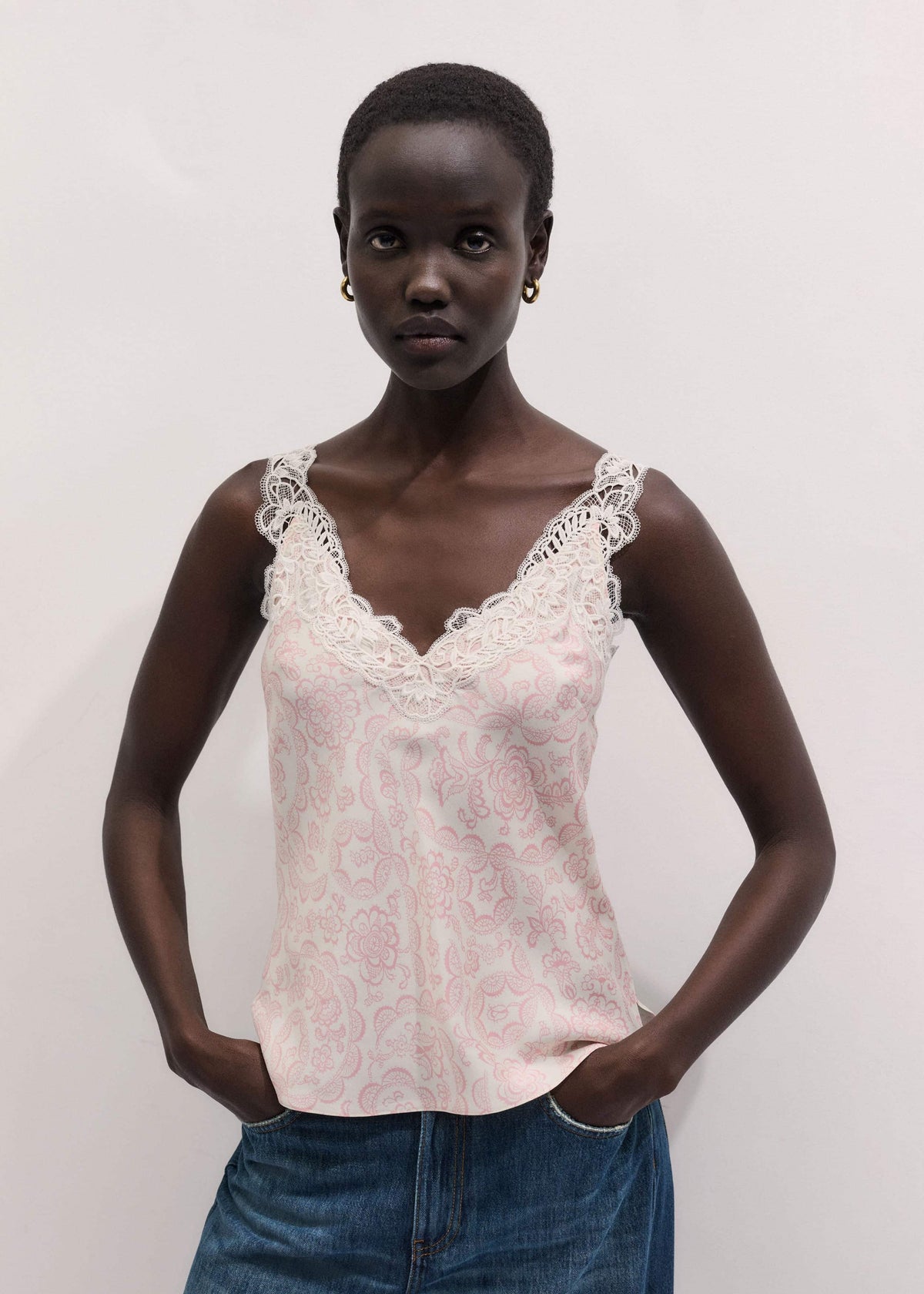 Cream Silk Satin Entangled Lace Trim Cami Top | ME+EM Clothing