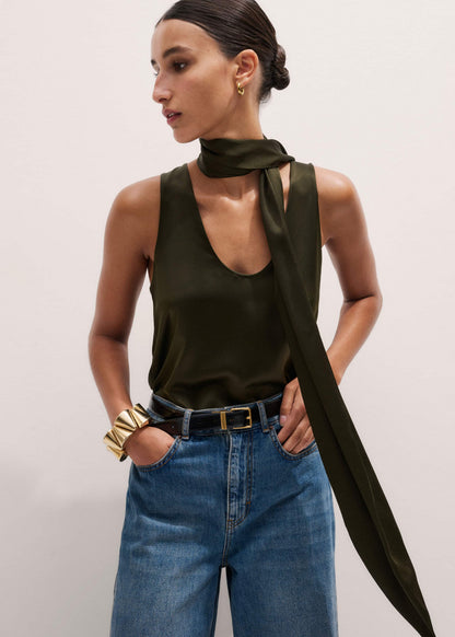 Olive Green Silk Satin Evening Tank Top | ME+EM Clothing